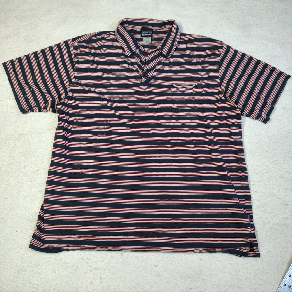 Patagonia Shirt Mens XL Red Blue Striped Short‎ Sleeve Polo Shirt